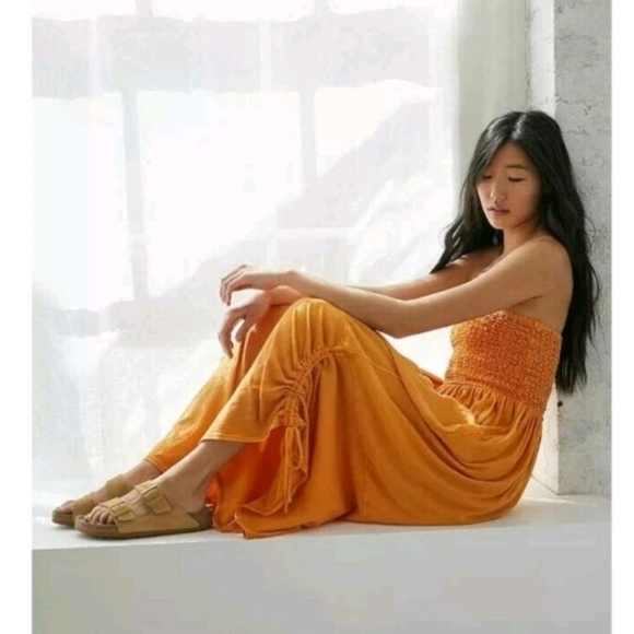 Urban Outfitters Out From Under Womens Orange Makena Smocked Boho Jumpsuit M - Picture 2 of 16